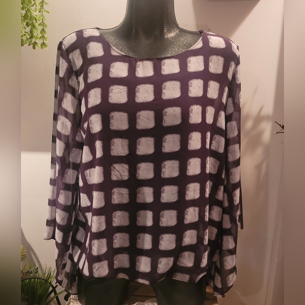 Alfani Sheer Plum Blouse with White  Square Pattern L